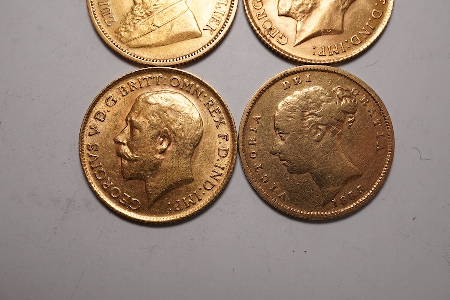 Gold coins, two George V gold half sovereigns, good VF, a Victoria gold half sovereign, 1883, fine, and a South Africa gold half pond 1896, good VF (4)